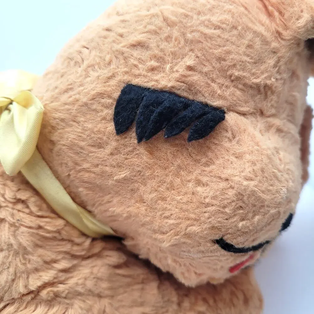 Vintage 1960s Carnival Prize Sleeping Puppy Dog Plush Yellow Ribbon Felt Eyes